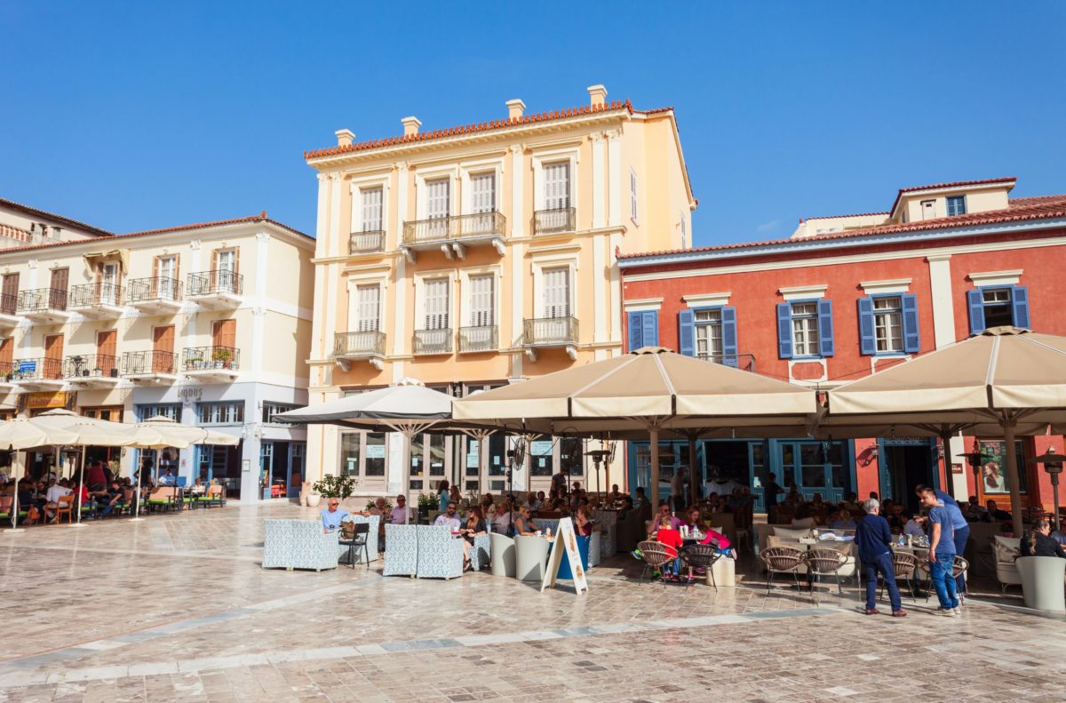 A Greek square with coffee shops