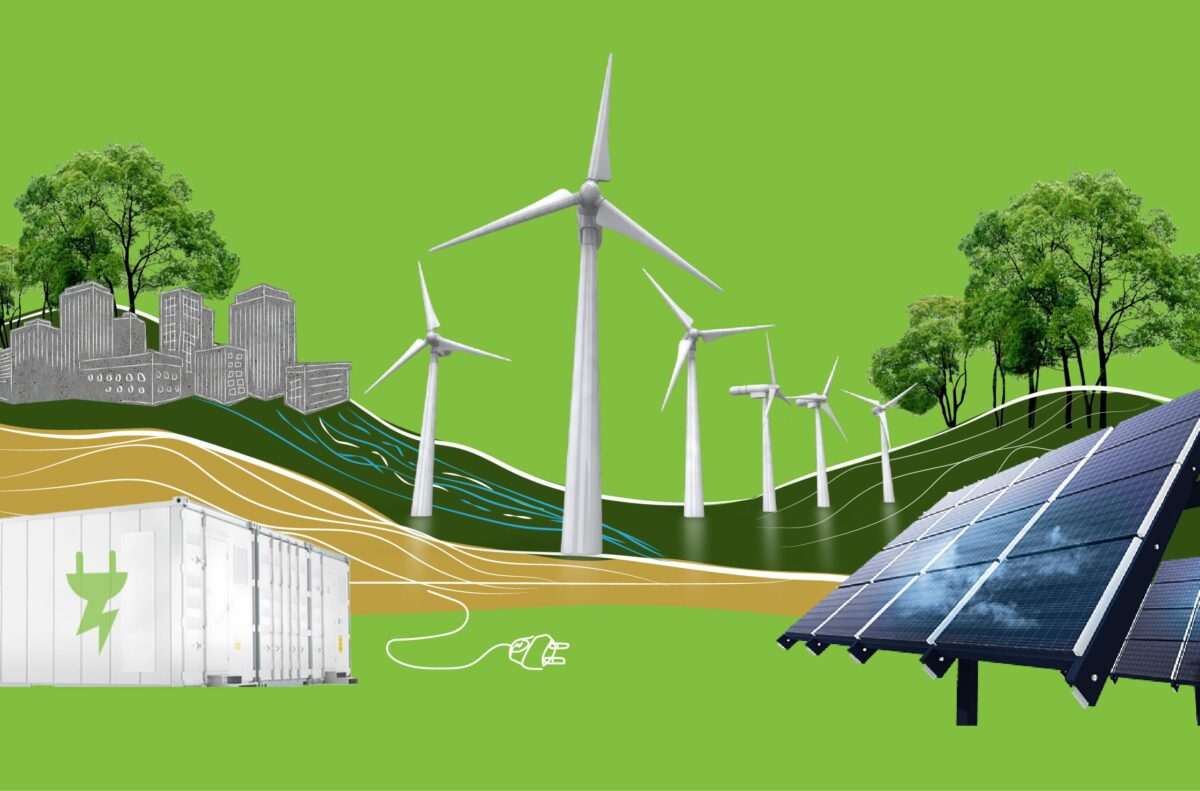 Designed image featuring wind turbines, solar panels and cargo boxes in the foreground, and trees in the background