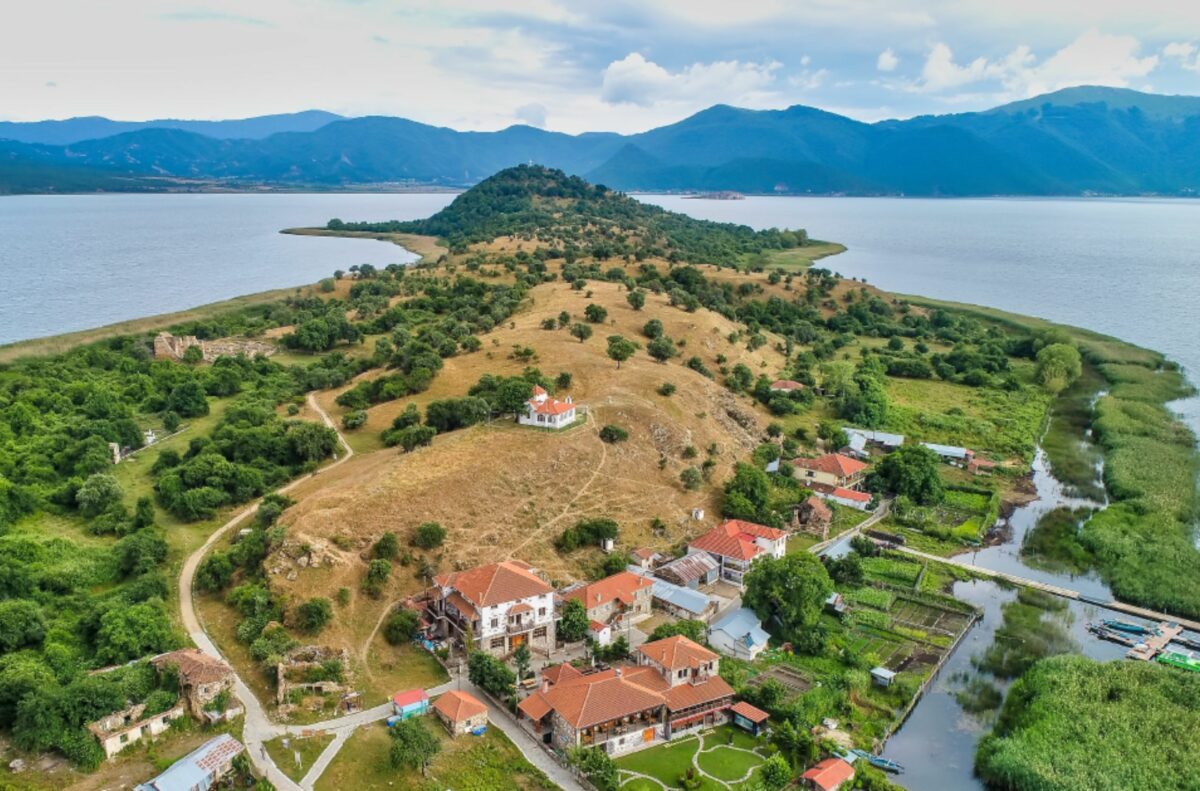 The view from Lake Prespa featuring a small village