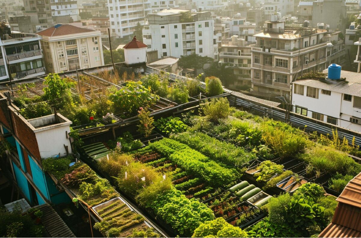 An urban farm on a rooftop in the city that is filled with trees, plants, and shrubs