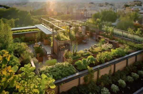 A rooftop in the city that is filled with shrubs, plants, and flowers